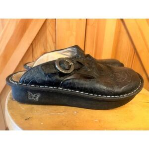 ALEGRIA Classic Clog Shoe  Floral Black Leather Mary Janes SlipOn Sz 37 US 7-7.5
